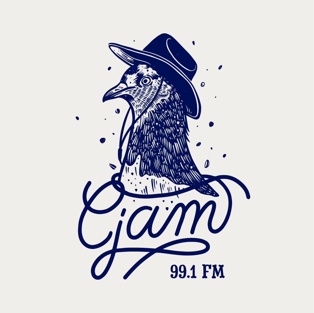grey background with a blue pigeon wearing a cowboy hat. The hat strings wrap around to write "CJAM" 